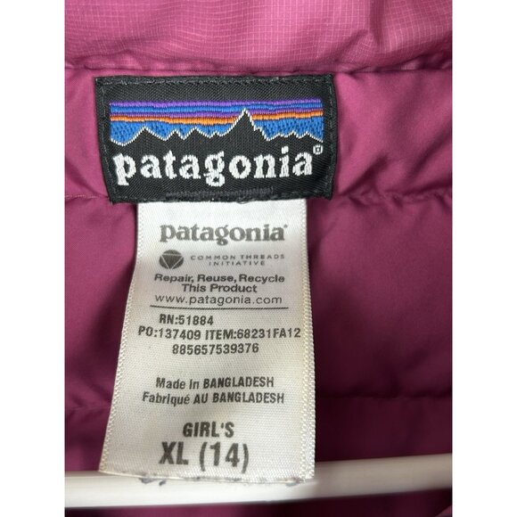 Patagonia Girls XL 14  Hi-Loft Down Sweater Hoody Hooded Puffer Jacket Pink - Picture 3 of 16